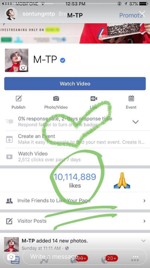 Sơn Tùng M-TP rất hào hứng khi lượt “like” fanpage lên đến 10 triệu.