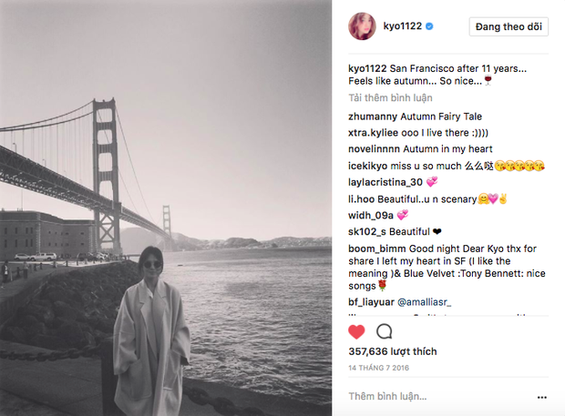 Trong chuyến du lịch này, Song Hye Kyo đã đăng tải một bức ảnh với dòng chú thích "San Francisco sau 11 năm. Ngỡ như đã đến mùa thu. Thật tuyệt".