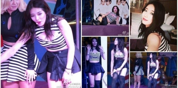 Trong một concert ở Trung Quốc, Suzy được chụp lại khoảnh khắc đầy ngượng ngùng khi đang mặc một chiếc áo khoét ngực cùng chiếc quần short siêu ngắn.