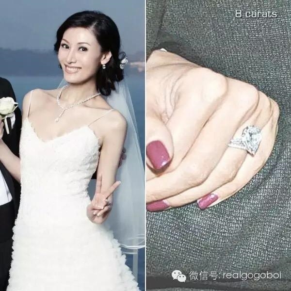 Khi lên xe hoa cùng đại gia Hồng Kông Hứa Tấn Hanh, Lý Gia Hân sở hữu chiếc nhẫn cưới 8 carat trị giá gần 10 triệu NDT (35 tỉ đồng).