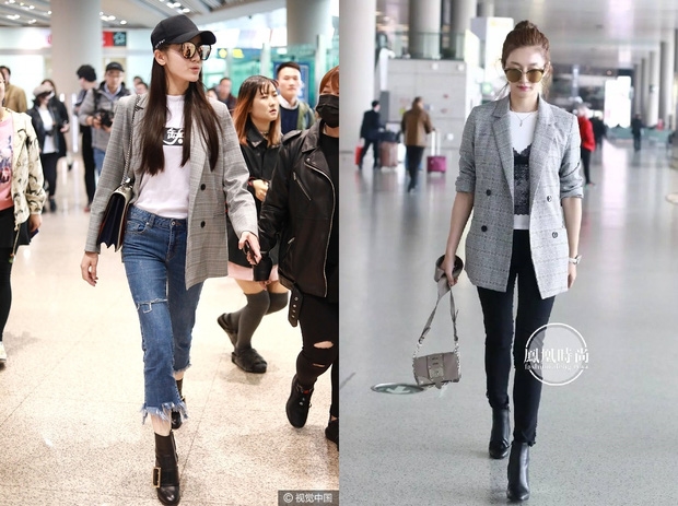 Địch Lệ Nhiệt Ba và Giang Sơ Ảnh cùng lựa chọn mẫu áo blazer xám kẻ ô của Edition. Cách diện của 2 người cũng không khác nhau là mấy, nhưng chiếc mũ lưỡi trai và quần jeans rách gấu của Tểu Địch đã giúp cô trông trẻ trung và cá tính hơn.