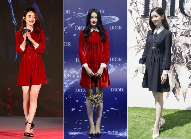 Triệu Lệ Dĩnh, Lý Thi Dĩnh và Chương Chiết Thiên đã có màn “siêu đụng độ” khi cùng lựa chọn mẫu váy nhung của Dior khi đi dự sự kiện.