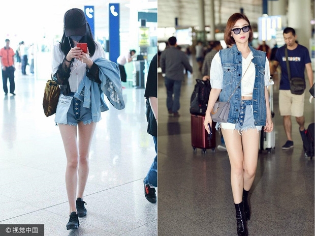 Một lần khác là cuộc đụng độ tại sân bay giữa Dương Mịch và Viên San San với mẫu jean shorts rách gấu bụi bặm.