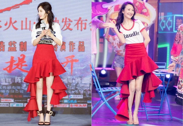 Một lần khác, Dương Mịch và Vương Âu cùng chọn mẫu váy nổi bật có giá hơn 20 triệu VND của Jacquemus. Cách phối hợp đồ lần này của 2 người đẹp có phần na ná nhau.