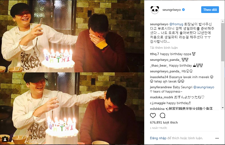 Seungri hạnh phúc khi được YG tổ chức sinh nhật
