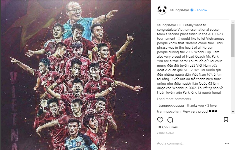 Phản ứng của Văn Toàn khi được Seungri đăng Instagram chúc mừng U23
