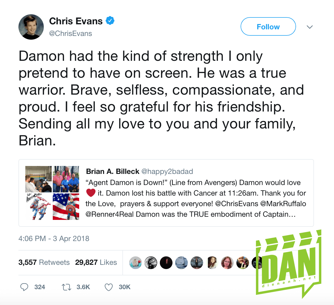 Lời chia buồn của Chris trên Twitter.