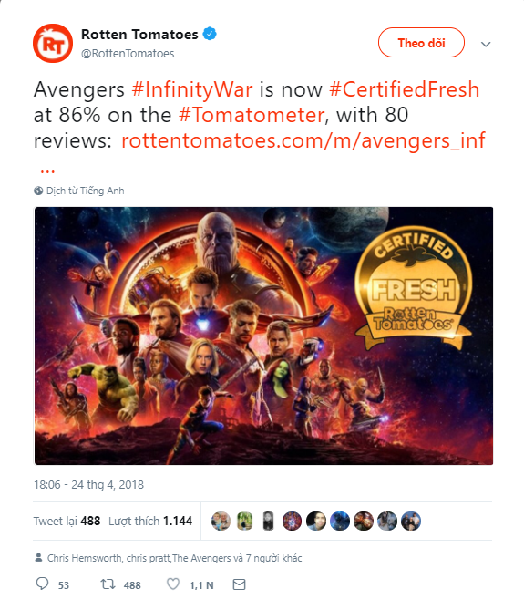 Thông báo của Rotten Tomatoes trên trang Twitter chính thức về đánh giá cho Infinity War