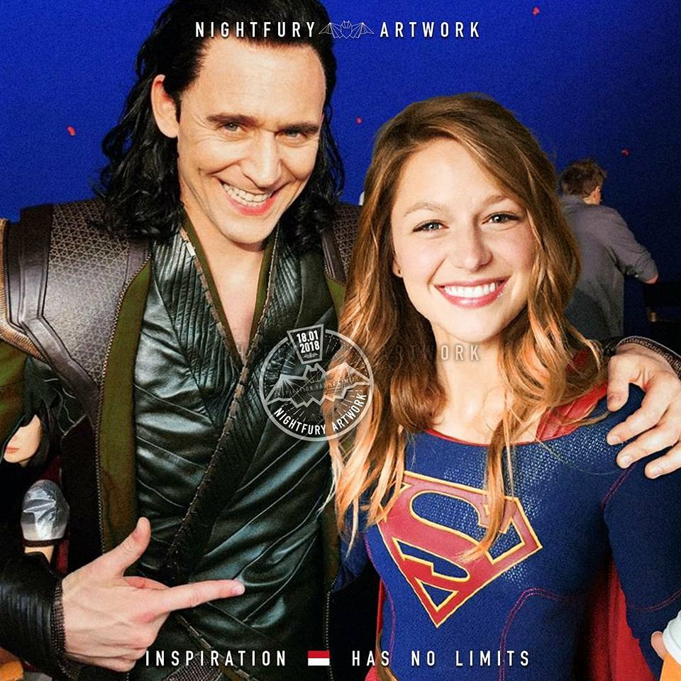 Loki có vẻ hớn hở khi chụp chung với Supergirl
