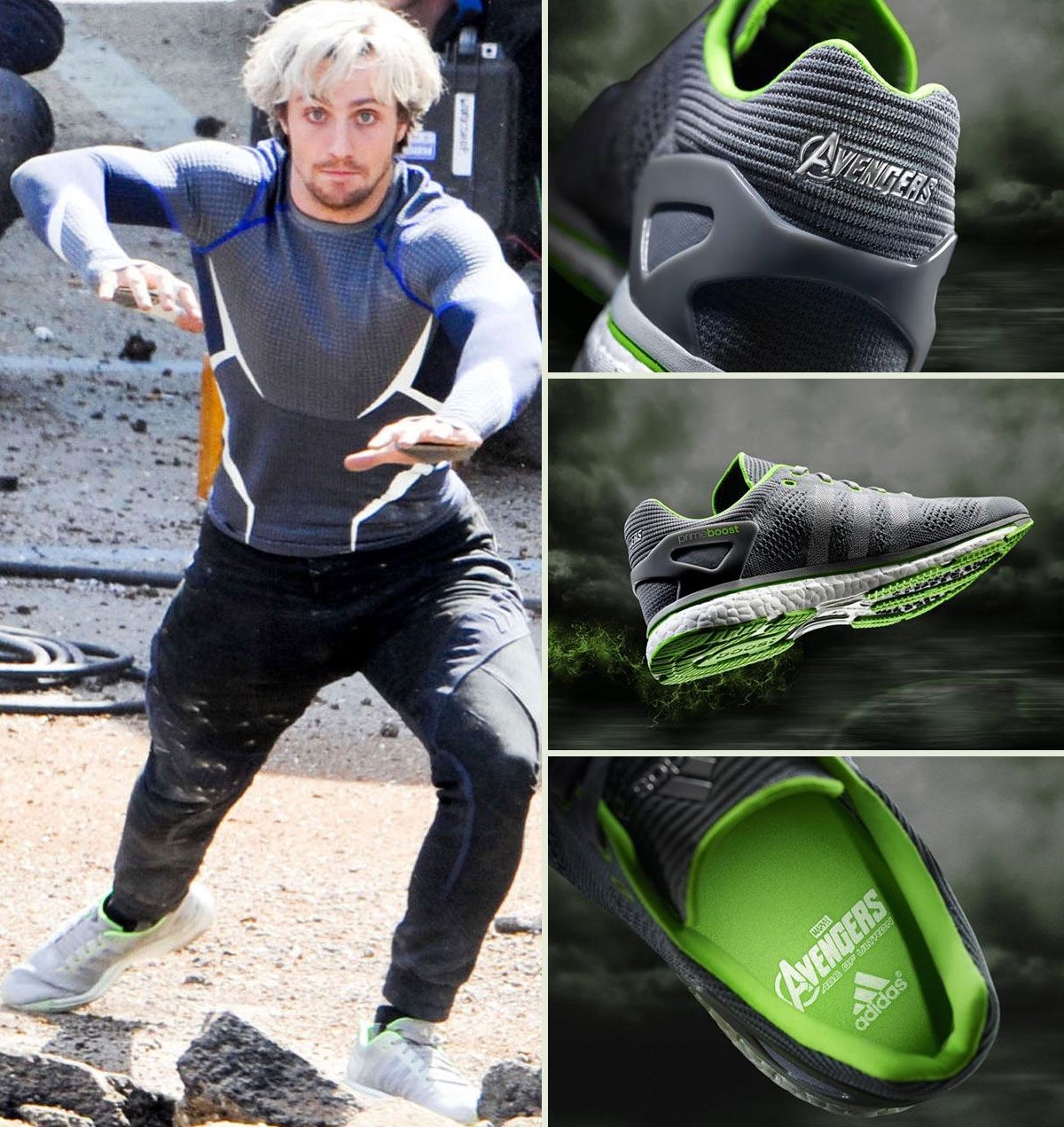 Đặc biệt, Adidas đã từng gây chú ý khi tham gia vào siêu phẩm bom tấn Avengers: Age of Ultron khi xuất hiện trên đôi chân của Quicksilver. Đây quả thực là chiến dịch quảng cáo cực kỳ ấn tượng. Được biết đôi giày Quicksilver từng mang là đôi sneaker adizero Prime Boost LTD từng được treo giá 200 USD (hơn 4 triệu đồng)