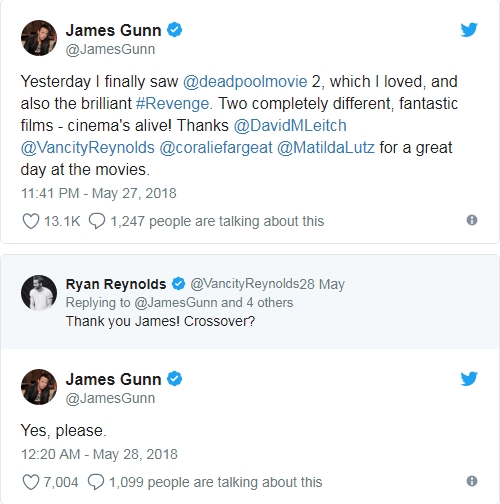 "Cám ơn nhé James! Mình hợp tác nhỉ?" anh đáp lại, James Gunn cũng đồng ý theo ngay sau đó.