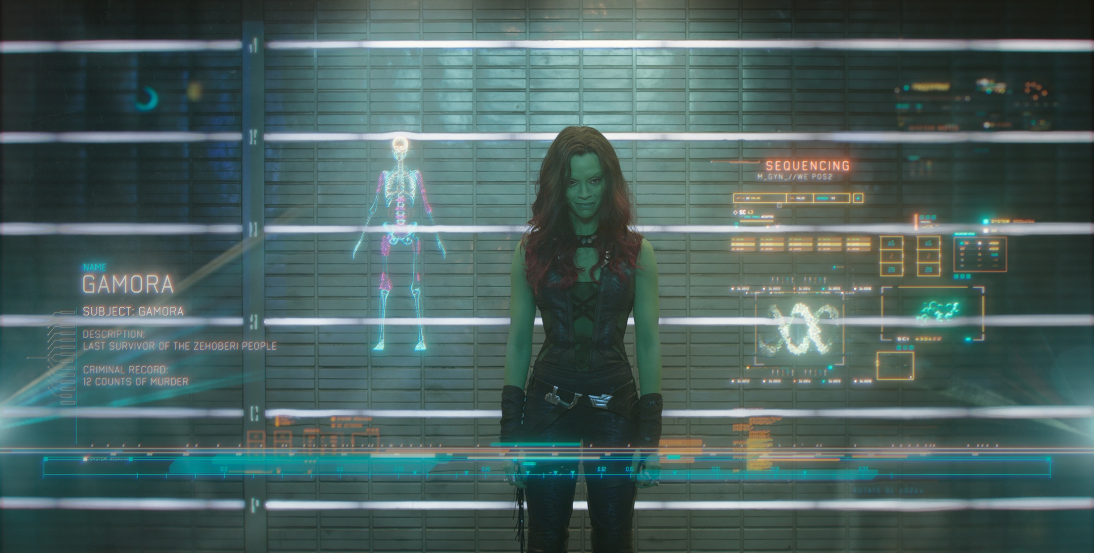 Trong phần đầu tiên của Vệ Binh Dải Ngân Hà, khi Gamora chuẩn bị vào tù cùng Sao Chúa và các bạn, cô và mọi người phải đi qua một thiết bị thể hiện thông tin cá nhân của từng người.