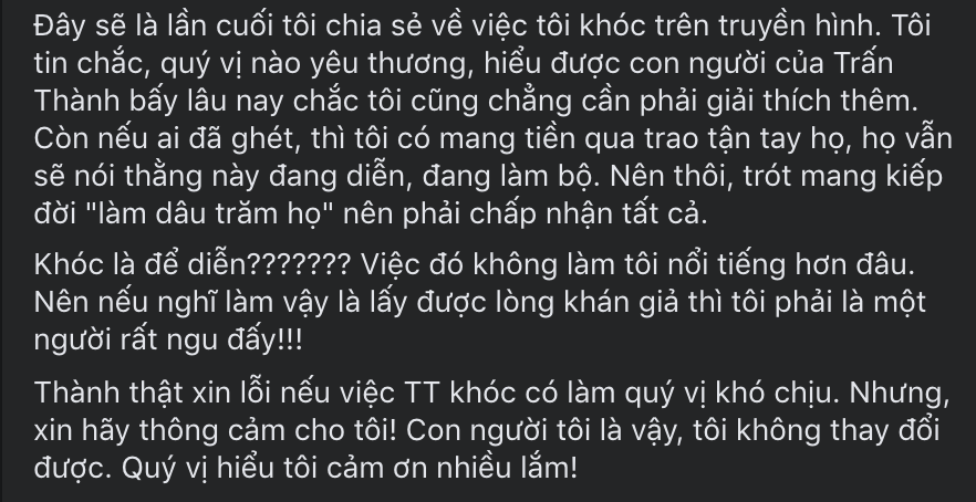 Trấn Thành bị Hari Won cà khịa vì liên tục khóc trên truyền hình