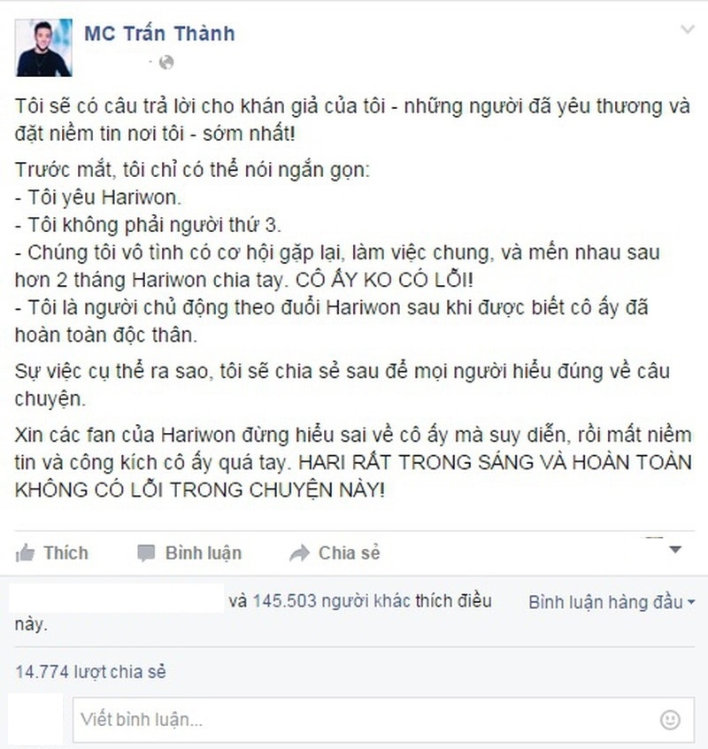 Trấn Thành được khen vì dù có chuyện gì cũng đứng ra bảo vệ Hari Won