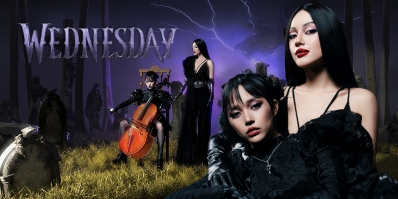 "Song" Linh cosplay mẹ con nhà Addams trong phim Wednesday cực ma mị
